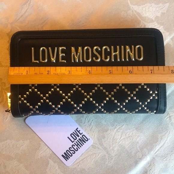 Brand New Love Moschino Black Gold Studded Zip Around Portafogli Nero Wallet - Picture 4 of 14